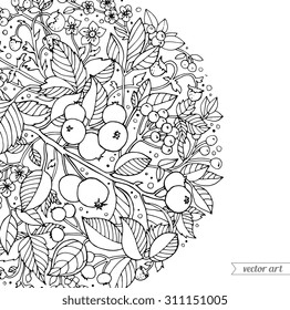 Forest flowers, wild berries and fruits. Vector. Hand drawn artwork. Love bohemian concept for wedding invitations, cards, tickets, congratulations, branding, boutique logo, label. Black and white