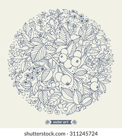 Forest flowers, wild berries and fruits. Vector. Hand drawn artwork. Love bohemia concept for wedding invitations, cards, tickets, congratulations, branding, boutique logo, label. Grey blue, beige