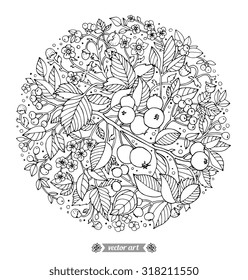 Forest flowers, wild berries and fruits. Vector. Hand drawn artwork. Love bohemia concept for wedding invitation, card ticket branding boutique logo label Black and white Coloring book page for adults