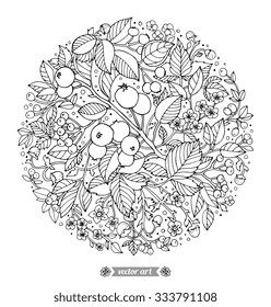 Forest flowers, wild berries and fruits. Vector. Hand drawn artwork. Love bohemia concept for wedding invitation, card ticket branding boutique logo label Black and white Coloring book page for adults