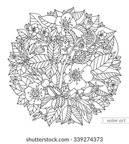 Forest flowers, wild berries, fruits, leaves. Vector artwork. Coloring book page for adult. Love bohemia concept for wedding invitation, card, ticket, branding, boutique logo, label. Black and white