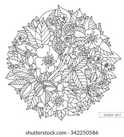 Forest flowers, wild berries, fruits, leaves. Vector artwork. Coloring book page for adult. Love bohemia concept for wedding invitation, card, ticket, branding, boutique logo, label. Black and white