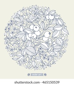Forest flowers, wild berries and fruits. Wreath isolated. Vector floral artwork. Love bohemia concept for wedding invitation, greeting card, ticket, branding, boutique logo label. 