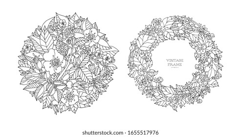 Forest flowers wreath. Vector border frame. Coloring book page for adults. Hand drawn artwork. Love bohemia concept for wedding invitation, card ticket, branding, boutique logo label. Black and white