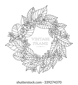 Forest flowers wreath, wild berries, fruits. Vector. Coloring book page for adult. Hand drawn artwork. Love bohemia concept for wedding invitation, card, ticket, branding, boutique logo, label. 