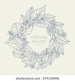 Forest flowers wreath, wild berries. Vector. Hand drawn artwork. Love bohemia concept for wedding invitation, card, ticket, branding, boutique logo, label. Monochrome dark grey blue, beige colors