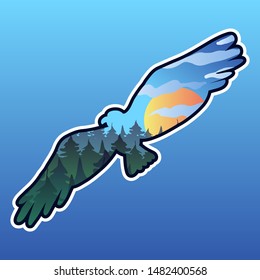 Forest in Flying Wild Condor Silhouette Cartoon. Pine Wood, Sun and Cloud Isolated in Fly Animal Falcon or Eagle Form on Blue Background. Dangerous Predator and Nature Vector Flat Illustration