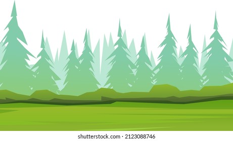 Forest in the fog. Beautiful coniferous trees. Summer rural landscape. Illustration in cartoon style flat design Isolated on white background. Vector.