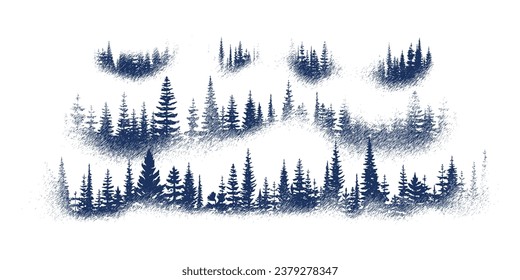 The forest in the fog, imitation of a pencil drawing, vector sketch, isolated on a white background