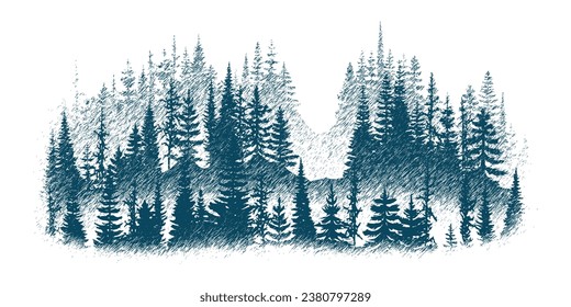 The forest in the fog, imitation of a pencil drawing, vector sketch, isolated on a white background