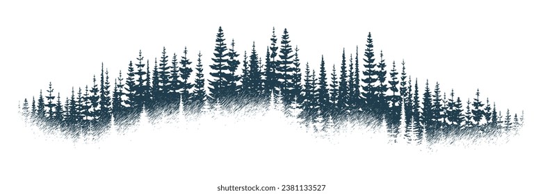 The forest in the fog, imitation of a pencil drawing, vector sketch, isolated on a white background