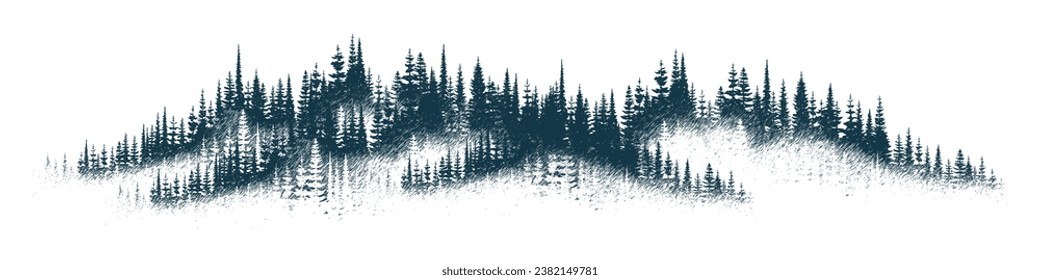 El bosque en la niebla, imitación de un dibujo a lápiz, boceto vectorial, aislado en un fondo blanco