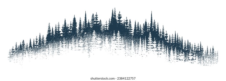 El bosque en la niebla, imitación de un dibujo a lápiz, boceto vectorial, aislado en un fondo blanco