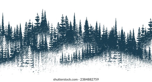 The forest in the fog, imitation of a pencil drawing, vector sketch, isolated on a white background