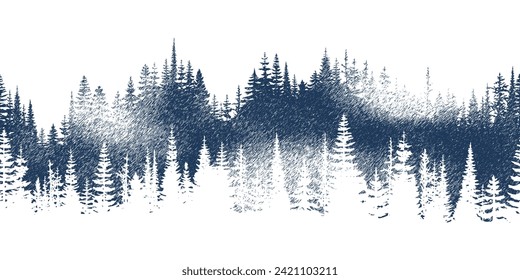 The forest in the fog, imitation of a pencil drawing, vector sketch, seamless border