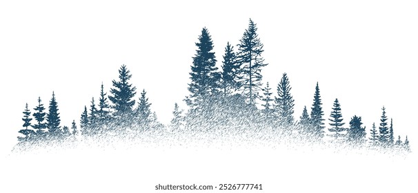 The forest in the fog, imitation of a pencil drawing, vector sketch, isolated on a white background