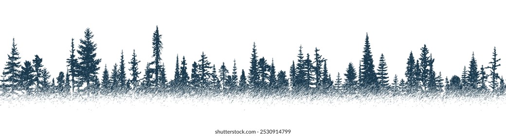 El bosque en la niebla, imitación de un dibujo a lápiz, boceto de Vector, borde sin fisuras