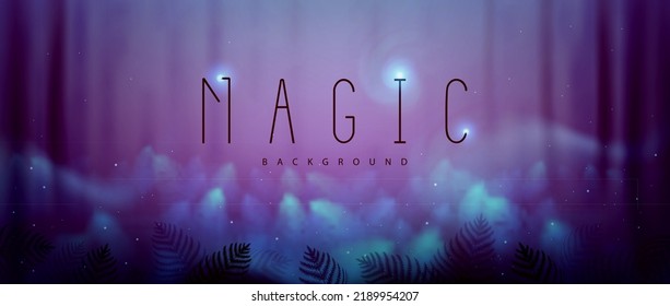 Forest in the fog magic background with fern and smoke. Vector illustration