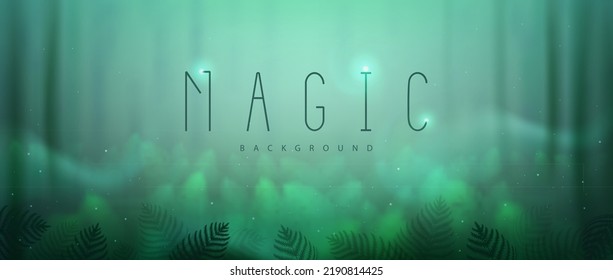 Forest in the fog magic background with fern and smoke. Vector illustration