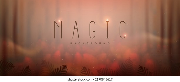 Forest in the fog magic background with fern and smoke. Vector illustration