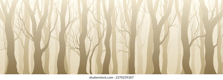 Forest in fog, trees without leaves, sepia tones, natural background, banner