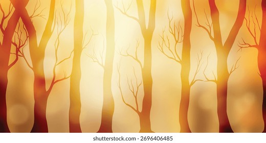 Forest in fog, trees without leaves, autumn tones, natural background, banner
