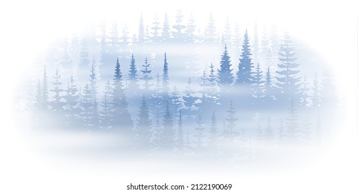 Forest in the fog in a white vignette. Taiga in the morning light.