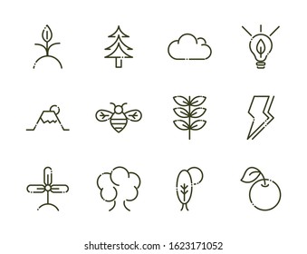 forest foliage ecology nature line design icons set vector illustration