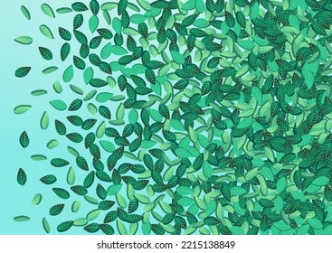 Forest Foliage Fresh Vector Blue Background Backdrop. Abstract Leaf Brochure. Mint Leaves Falling Banner. Greens Forest Branch.