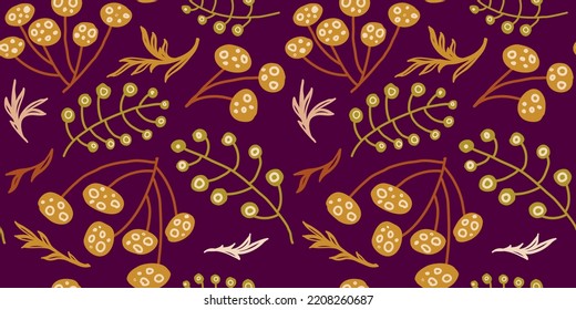 Forest foliage seamless pattern, various leaves on a dark background. Collection of herbal prints. Creative design. Hand drawn vector illustration.