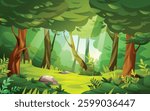 Forest with foliage, trees, and bright sunlight filtering through the leaves. Vector cartoon landscape illustration