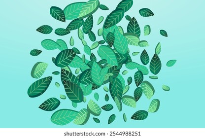 Forest Foliage Wind Vector Blue Background Poster. Flying Leaves Wallpaper. Grassy Leaf Fresh Branch. Greens Fly Banner.