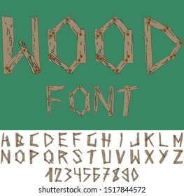 Forest font made of boards with nails. Complex shape. Vector illustration.