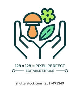 Forest foraging RGB color icon. Mushroom hunting, harvesting. Forest gathering. Plant identification. Survival. Isolated vector illustration. Simple filled line drawing. Editable stroke