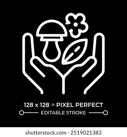 Forest foraging white linear icon for dark theme. Mushroom hunting, harvesting. Forest gathering. Plant identification. Thin line illustration. Isolated symbol for night mode. Editable stroke