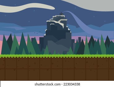 Forest and fortress. Vector flat background for the game.