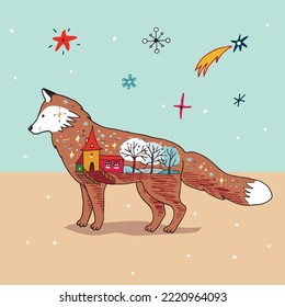 Forest fox animal with landscape decoration doodle vector illustration poster.