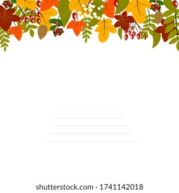 Marco forestal, borde, cartas con hojas de otoño, bayas, ramas y aves. Para embalaje, impresión, ropa, invitaciones, tarjetas