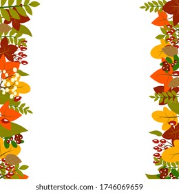 Forest frame, border,cards with autumn leaves, berries, branches and birds. For packaging, print, clothes,invitations, cards