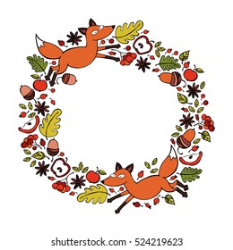 Forest frame. Fox, branches and berries, acorn, leaves. Apple. Isolated vector object on white background.