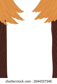 Forest frame. Two orange trees with cones frame the illustration, a squirrel came down to look at a hiking blue backpack with a sleeping bag.