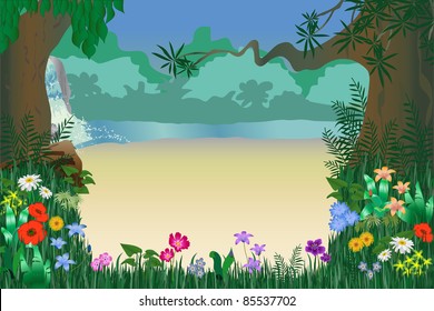 Forest frame with waterfall and flowers. Without Clipping Mask.