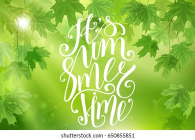 Forest fresh green leaves with sun rays. Spring and Summer Background. 