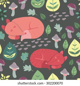Forest Friends Collection. Cute sleepy foxes. Seamless vector pattern.