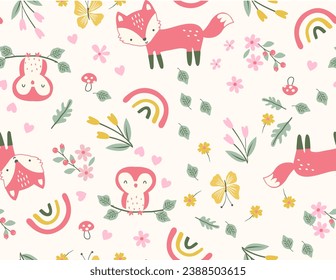 Forest friends, Cute fox vector, Owl vector, Autumn friends, Autumn animals, rainbow vector, flower vector