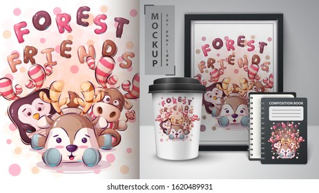 Forest friends poster and merchandising. Vector eps 10