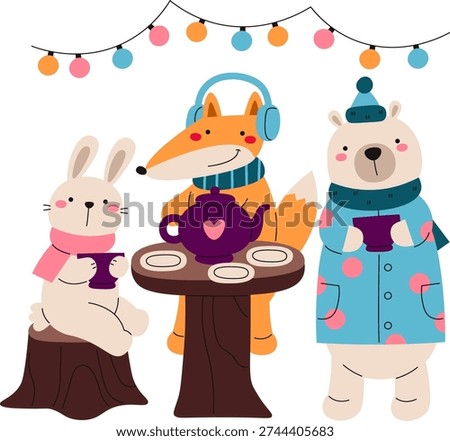 Forest friends sip tea at a stump table under string lights, with scarf, coat, and headphone detail. Warm gathering conveys friendship, coziness, and togetherness. Cartoon vector illustration.