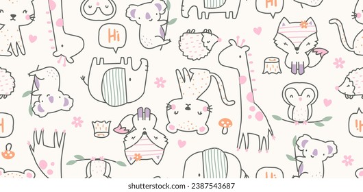 Forest friends vector, Autumn animals, elephant, Koala, fox, giraffe, owl, porcupine, Hi, Animal friends, Happy animals