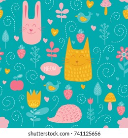 Forest friends vector seamless pattern. Kids blue background with cute animals, birds and plants. Lovely childish texture with cats, rabbits, hedgehogs, flowers and hearts