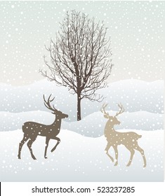 forest in the frost. Winter landscape. Snow covered trees. deers